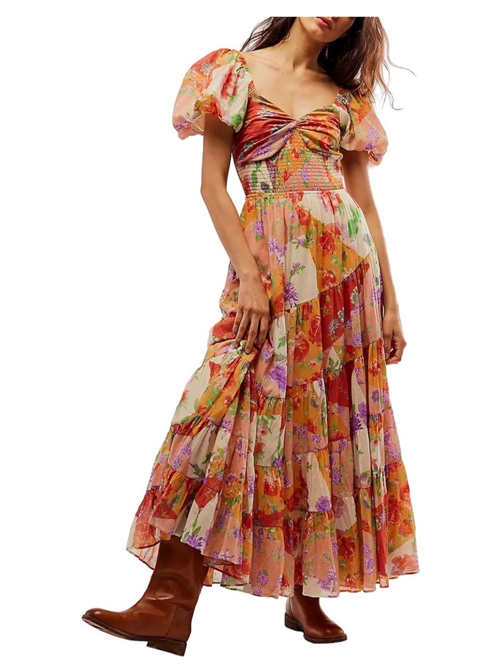 Colorful Floral Puff-Sleeve Maxi Dress S